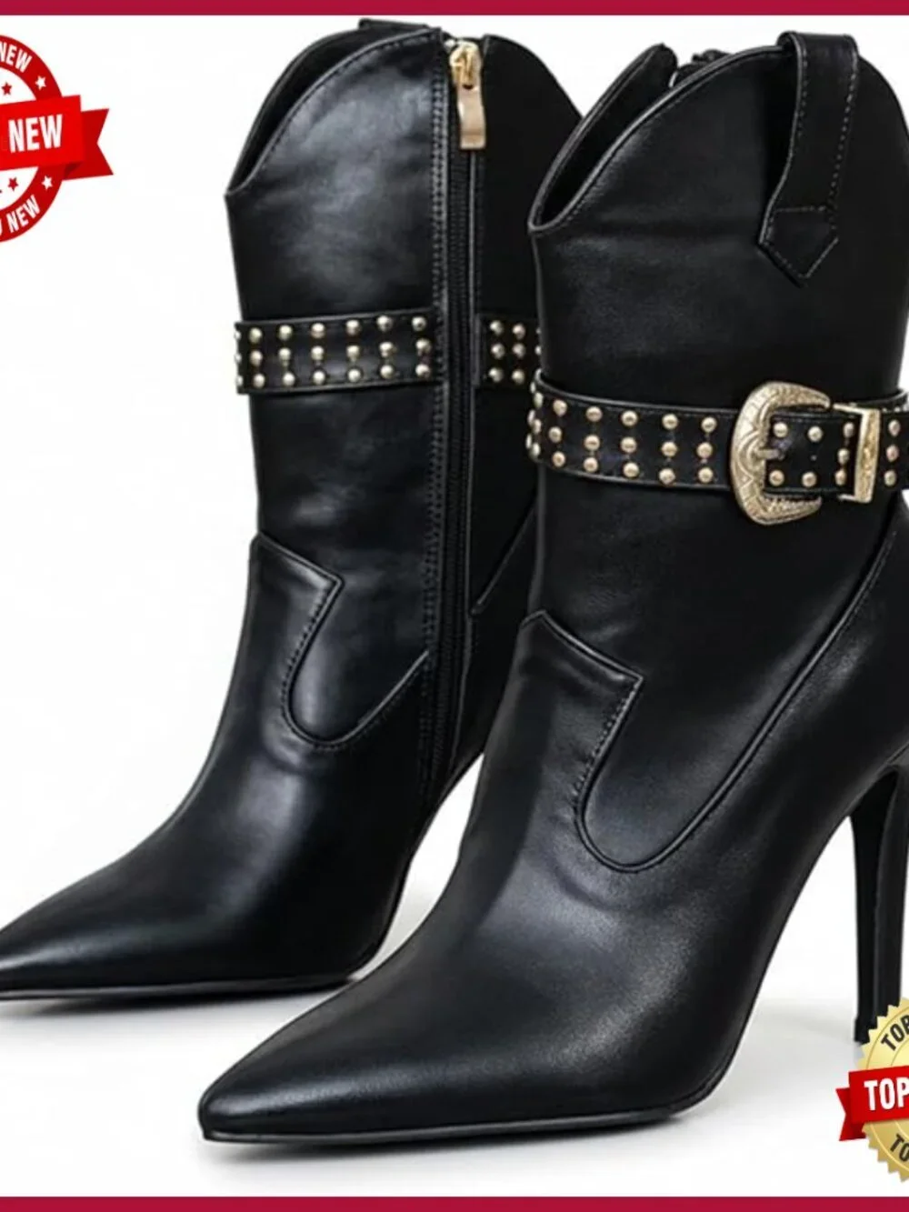 Denim Stiletto Ankle Boots Studded Buckle Pointed Toe Side Zipper Mid-Calf